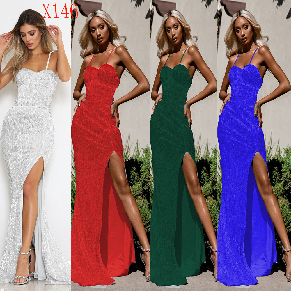 Primavera y verano europeo y americano Comercio exterior nueva correa lentejuelas split trailing vestido de noche banquete sexy Liga vestido