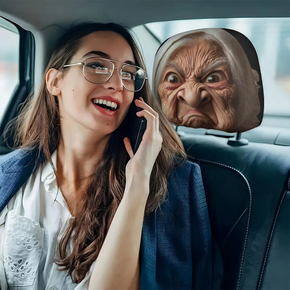 Car headrest cover with a fun old lady face personalized print, universal car pillowcase, can be customized with labels and made according to provided images