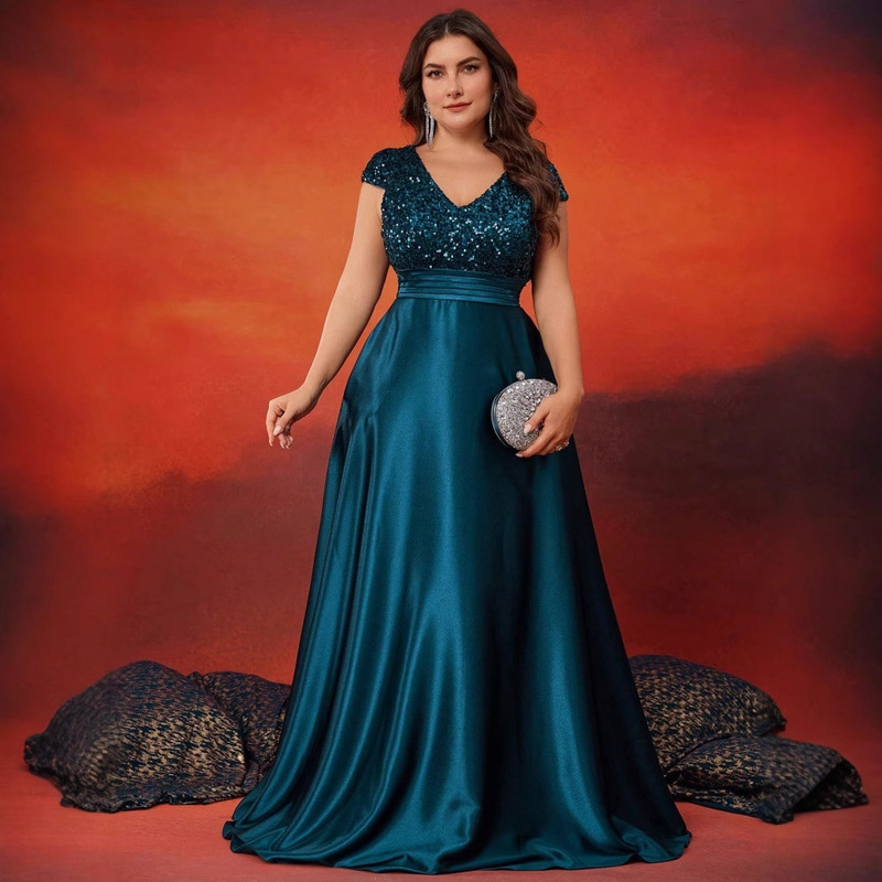 European and American New plus size Fat Woman's Dress with Sequin V-neck Evening Dress Women's Elegant Long Dress for Party dress