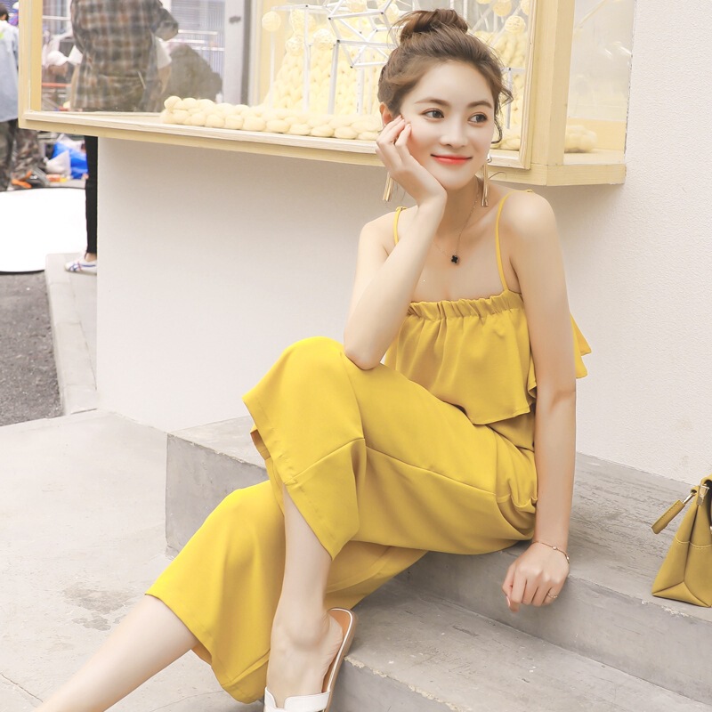 Women's Summer High-Waisted Slimming Strapless Jumpsuit, Loose-Fitting One-Shoulder Korean-Style Cropped Wide-Leg Pants