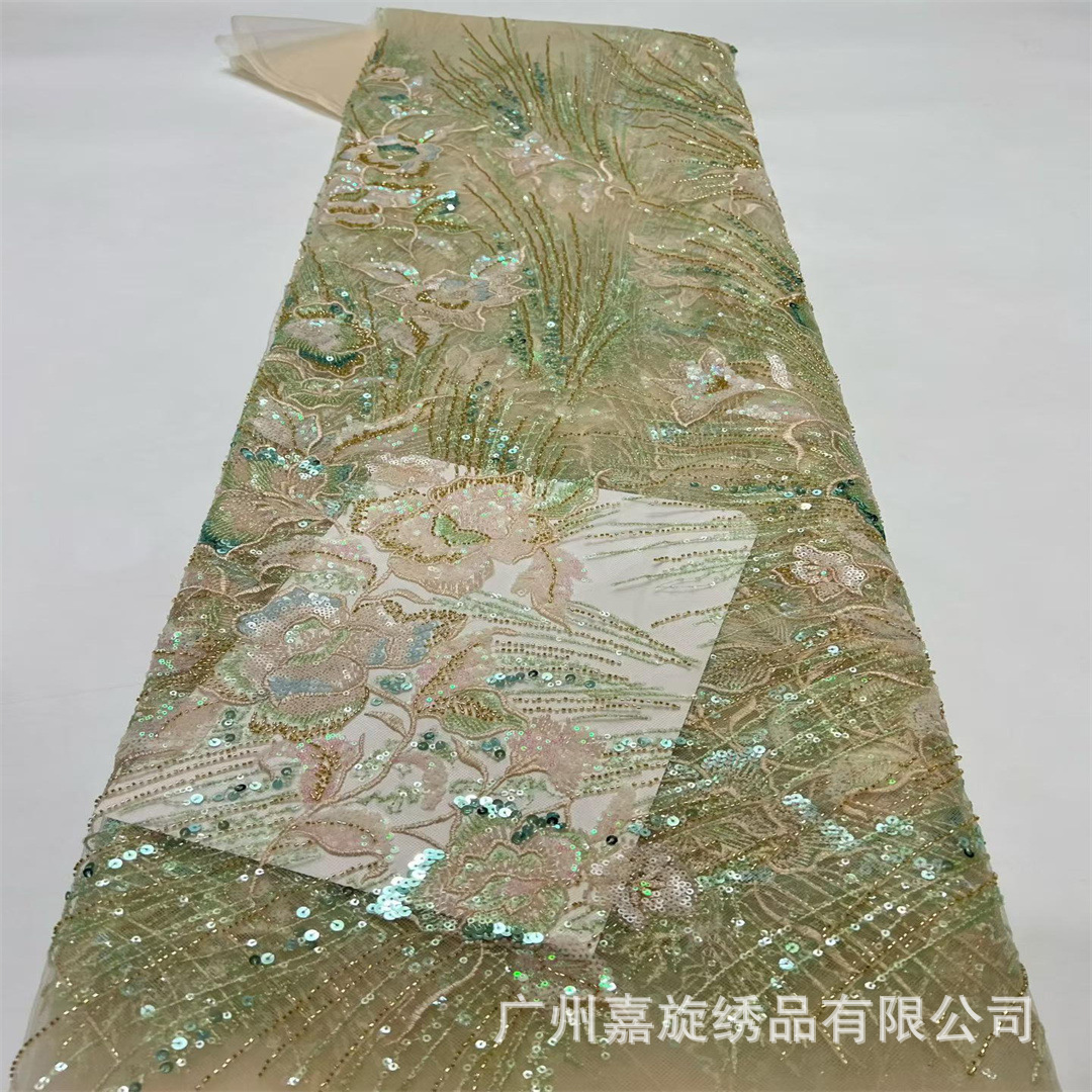 Tela de encaje para vestido de novia, bordado africano a máquina con lentejuelas de colores y cuentas tubulares, tela para vestido de noche.
