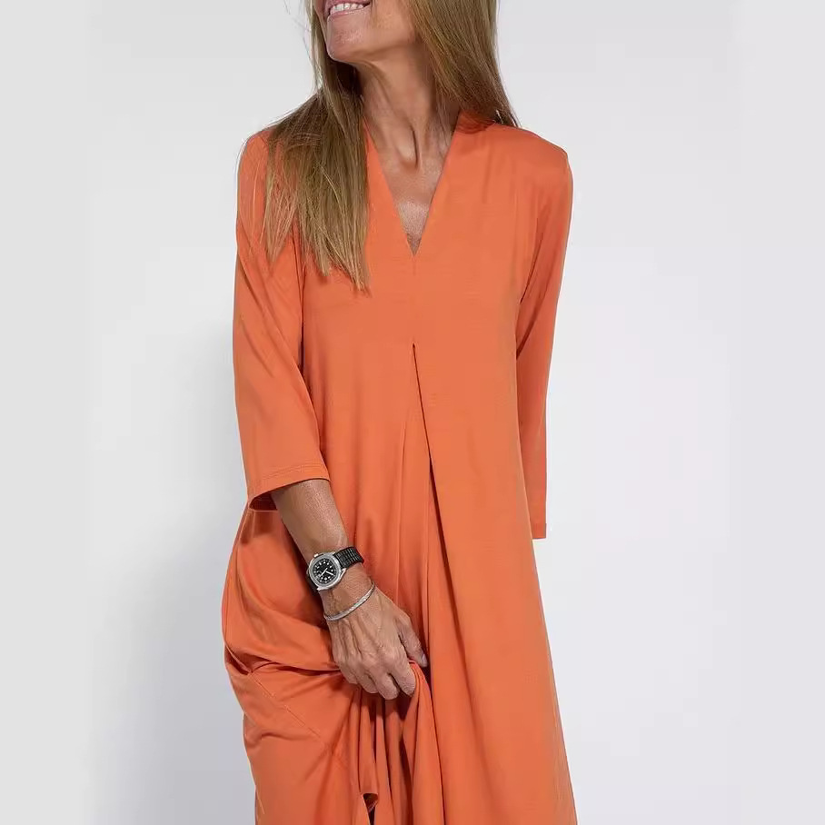 Women's Clothing Women's V-Neck Knitted Long Dress Style Solid Color Three Quarter Sleeve Dress With Slit_voghion.com