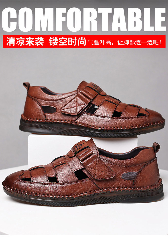 Dép sandal nam da cỡ lớn thiết kế khoét lỗ, khóa dán tiện lợi, form bít mũi — Nâu thời trang, Đen quyến rũ chi tiết 5