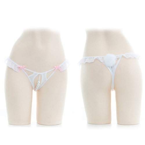 Sexy low-waisted pearl underwear, crotch-free lace T-string pants, women's sexy bunny tail panties N0502