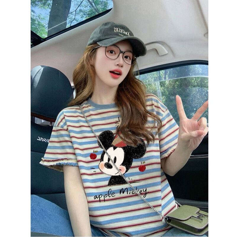 【95% Cotton, 5% Spandex Yarn-Dyed Stripes】T-Shirt with Printed Design on the Sleeves and Hem, Women's Summer Top 【95% Cotton, 5% Spandex Yarn-Dyed Stripes】T-Shirt with Printed Design on the Sleeves and Hem, Women's Summer Top
