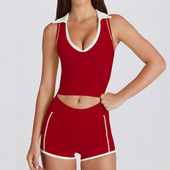 ノースリーブランニングスポーツピラティスフィットネスVネックトップベスト服胸パッド付きコントラストカラーラペルヨガ服セット