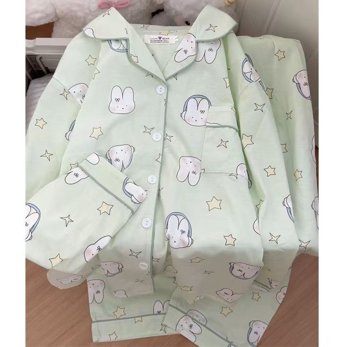绿色小兔子睡衣女春秋季长袖长裤套装美少女ins套装可外穿家居服|undefined