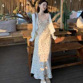 欧美跨境亚马逊法式色碎花吊带连衣裙女收腰显瘦海边度假长裙子