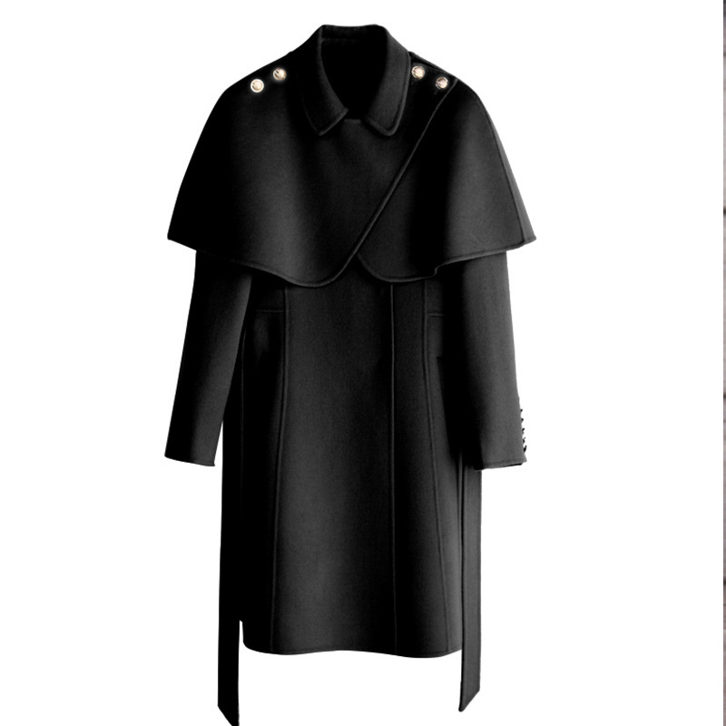 New Women's Cape Wool Trench Coat Long Casual Woolen Button