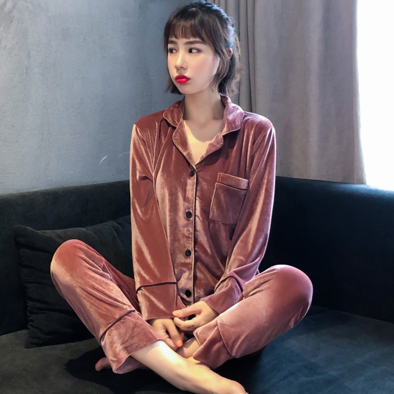 Oro de terciopelo pareja pijamas de las mujeres de estilo coreano de otoño y traje de invierno más tamaño de la boda de manga larga cardigan desgaste del hogar hombres