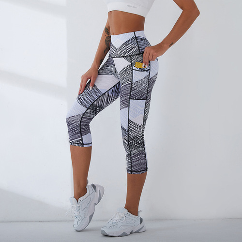  New European and American Style Yoga Pants Women's Cross-border Slimming High Waist Fitness Pants Running Sports Pants Side Pocket Capri Pants