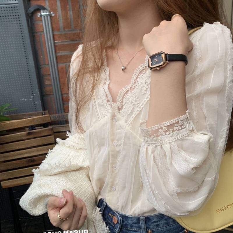 女性用レースボトムシャツ、西洋風デザイン、シックで美しいシャツ、初春の甘いシフォンレーストップ|undefined