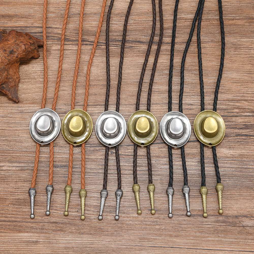 复古西部风波洛领结男女通用编织皮绳项链合金牛仔帽吊坠配饰