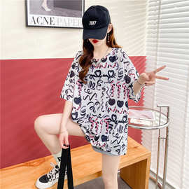 春秋套头文艺短袖白色印花宽松型圆领气质通勤棉长款面膜