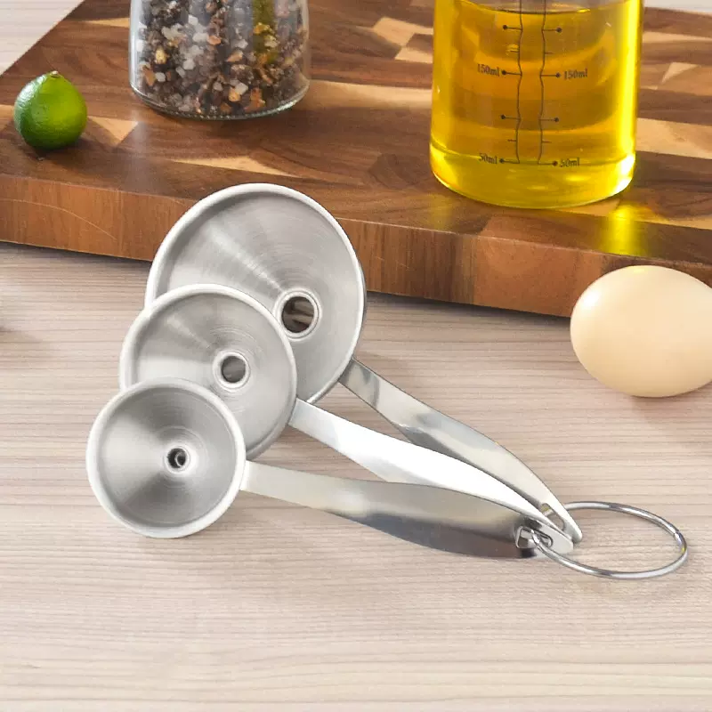 耐腐蚀不锈钢漏斗三件套食品级家用厨房长柄油漏酒漏迷你手柄漏斗