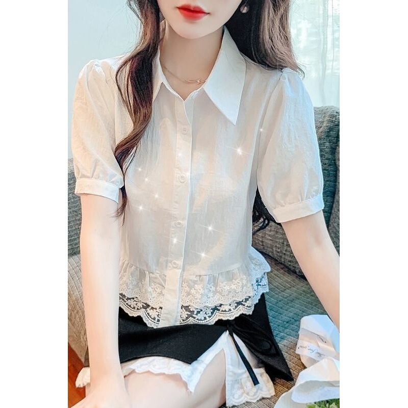 French-Style Collared White Shirt for Women, Summer Loose Fit, Slimming Puff Sleeve Blouse with a Stylish Lace Patchwork Design