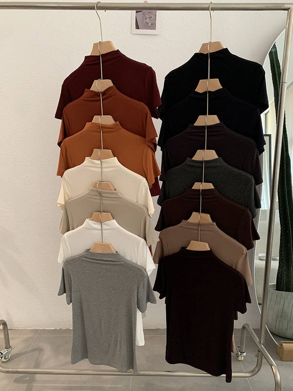 Omalai スモールスタンドカラー無地スリムフィット半袖プルオーバー Tシャツ 2025 秋の新ボトリングシャツ女性のための 4124|undefined