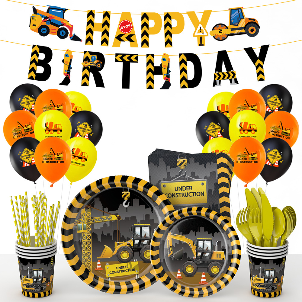 Amazon construcción ingeniería vehículo tema cumpleaños papel taza papel plato tejido tire bandera traje fiesta de los niños suministros de decoración