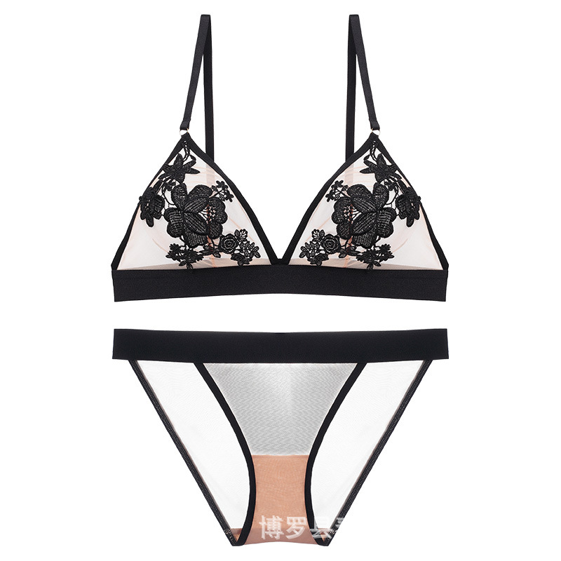 Europeo y americano sexy transparente más tamaño bordado sujetador traje inalámbrico pecho grande pequeño ultra-delgado triángulo taza ropa interior bar