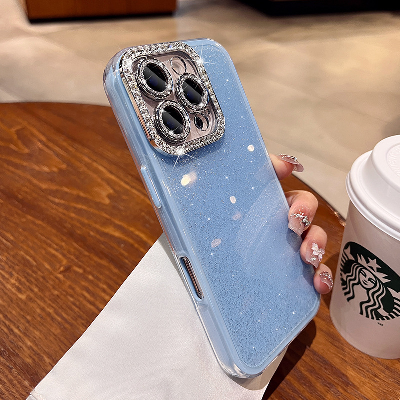 Polvo de brillo de lujo simple y ligero para iPhone 15 lente de diamante flash 16ProMax funda para teléfono móvil 14 Apple 13 femenino 15PM
