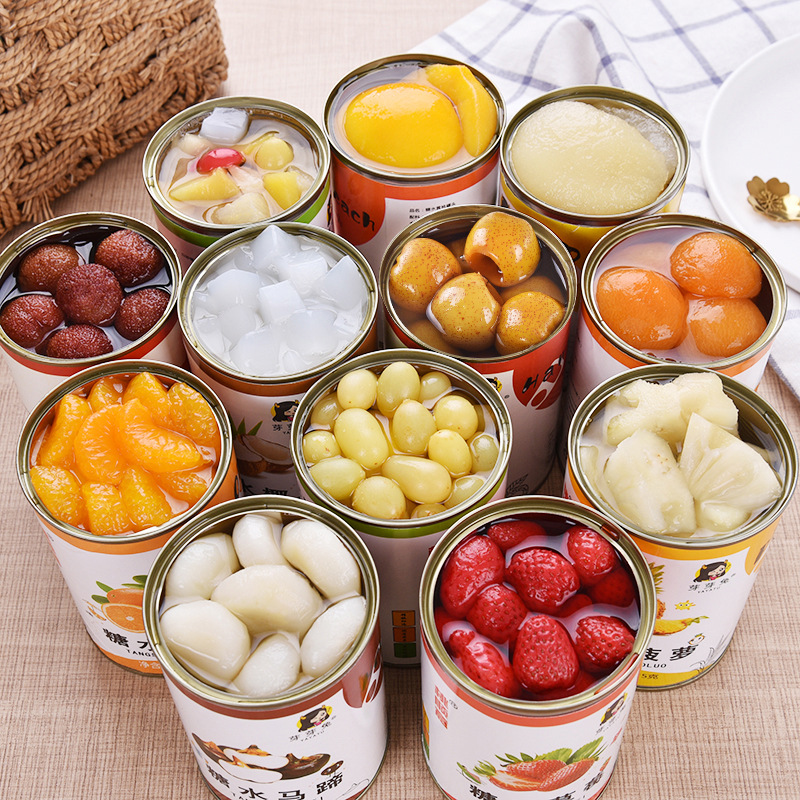 Canned fruit mix of 6 jars, including yellow peaches, strawberries, assorted snacks, beverages, mixed oranges, bayberries, water chestnuts, and coconut fruit.