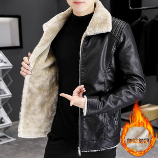 Winter Men's Leather Coat Fleece-lined Thickened Slim-fit Fashionable Leather Jacket Men's Youth Fur One-piece Men's Coat Handsome
