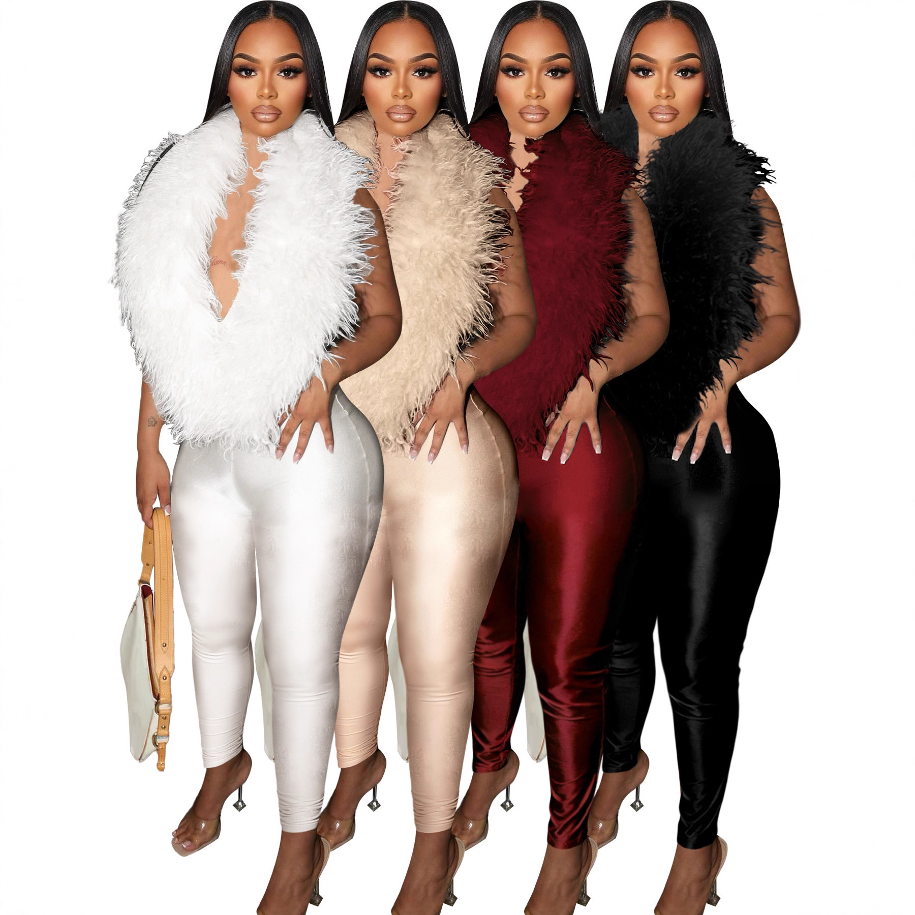 Hr25058 European and American Fashion Casual Women's Elegant Feather Deep V Halter Elastic Satin Jumpsuit Pants for Women