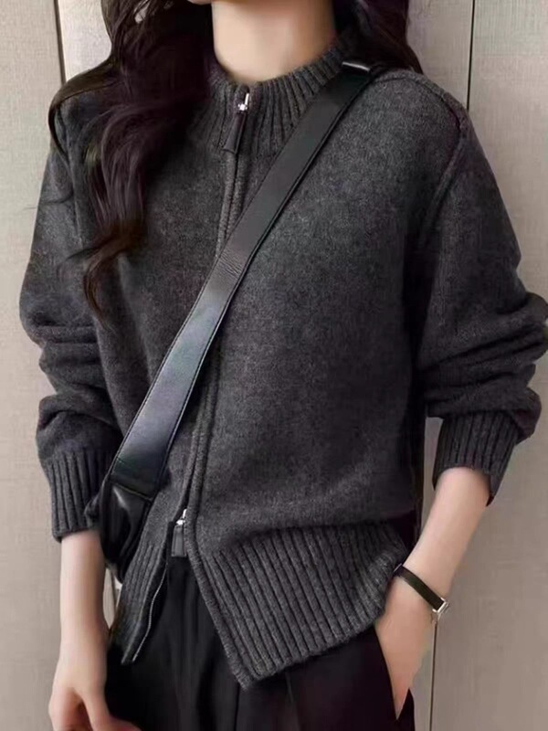 European goods | Stand-up collar, reverse shoulder design, zip-up cardigan, women's pure wool knit sweater, thickened cashmere sweater for autumn and winter
