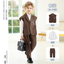 儿童新中式唐装演出服国风印花马甲套装男孩痞帅舞台走秀摄影礼服