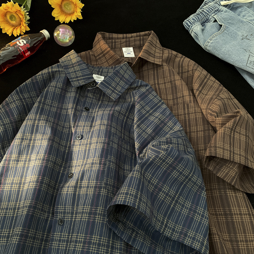 vintage American Style Shirt Men's Summer Trendy Brand Fashionable Short-sleeved Shirt High-grade Sense Plaid Retro Casual Jacket