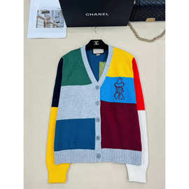 春秋撞色v领开衫毛衣男日系复古宽松潮流针织衫ins情侣慵懒风外套