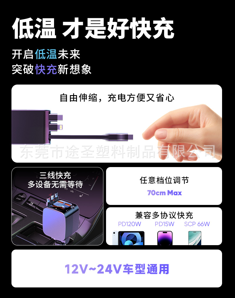 120W Car Charger with Retractable Cable, Cigarette Lighter Digital Display Fast Charging, Multiple Versions Starry Sky Design Car Charger