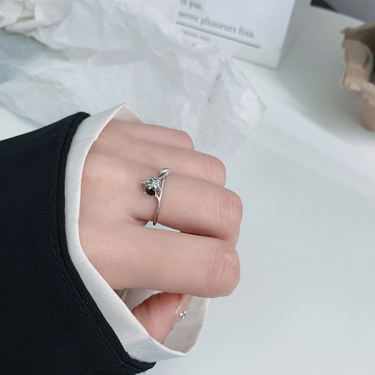 s925 Silver Black Diamond Flower Open Ring Image 5