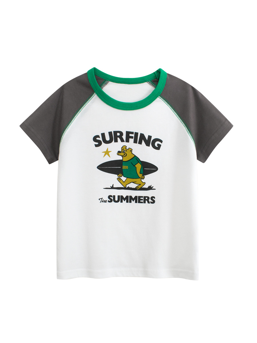 27kids camiseta de manga corta para niños de verano 2025 ropa para niños versión coreana del oso de surf ropa de raglán para bebés al por mayor