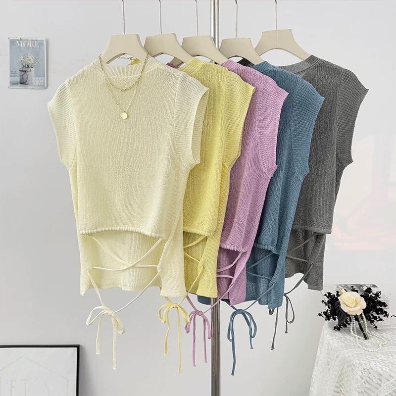 Korean Cream Lace-Up Cut Out Waist-Revealing Knitted Thin Slightly See-Through Small Flying Sleeve Top Slim Sleeveless T-Shirt for Women Korean Cream Lace-Up Cut Out Waist-Revealing Knitted Thin Slightly See-Through Small Flying Sleeve Top Slim Sleeveless T-Shirt for Women