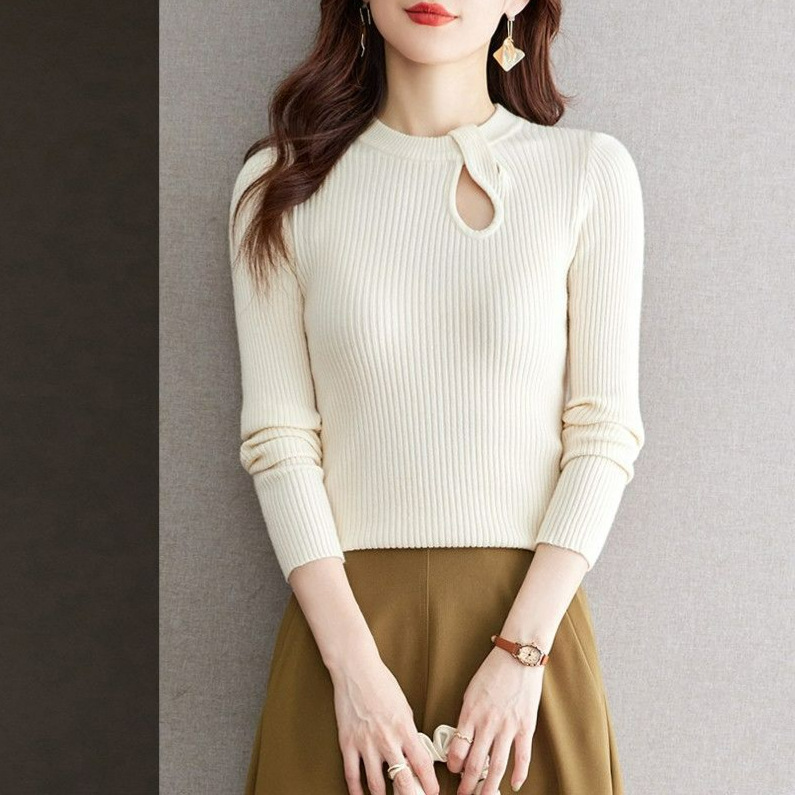 (2개) 가을과 겨울 새로운 서양식 디자인 센스 라운드 넥 할로우 탑 슬림 핏 슬리밍 내부 니트 셔츠 긴 소매 기본 셔츠