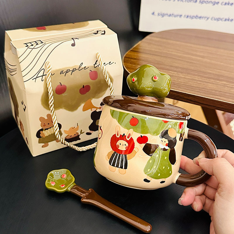 かわいい漫画アップルツリーマグカップ蓋付きスプーンクリエイティブイースタープレゼント水カップ家庭用陶磁器カップお土産|undefined