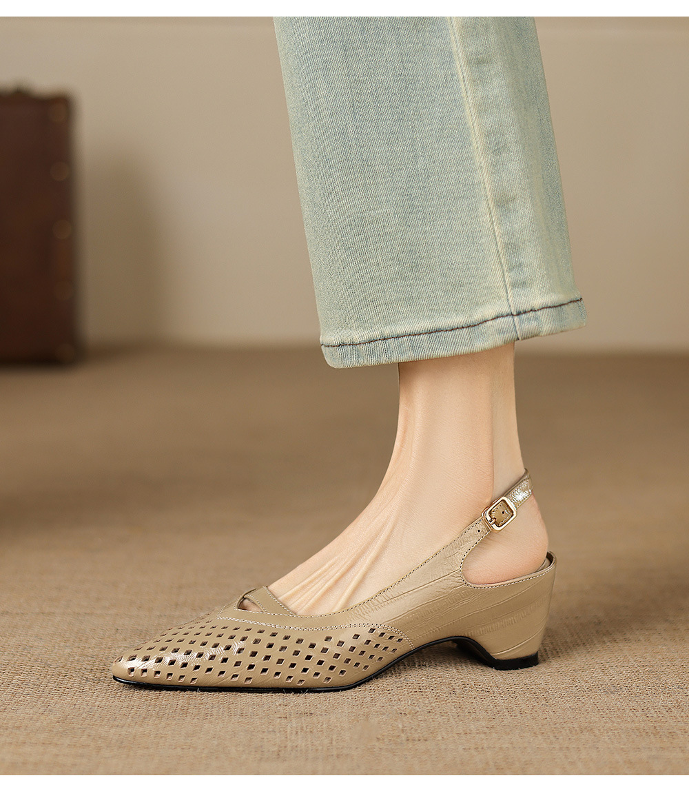 Sandal nữ gót thấp 5.5 cm mũi kín quai ngang khóa một chữ — màu trắng ngà chi tiết 12