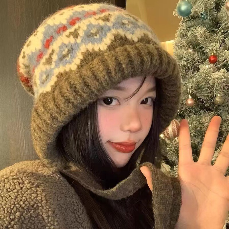 韩版冬季帽子女条纹针织帽毛绒护耳毛线帽保暖百搭可当包包雷锋帽|undefined