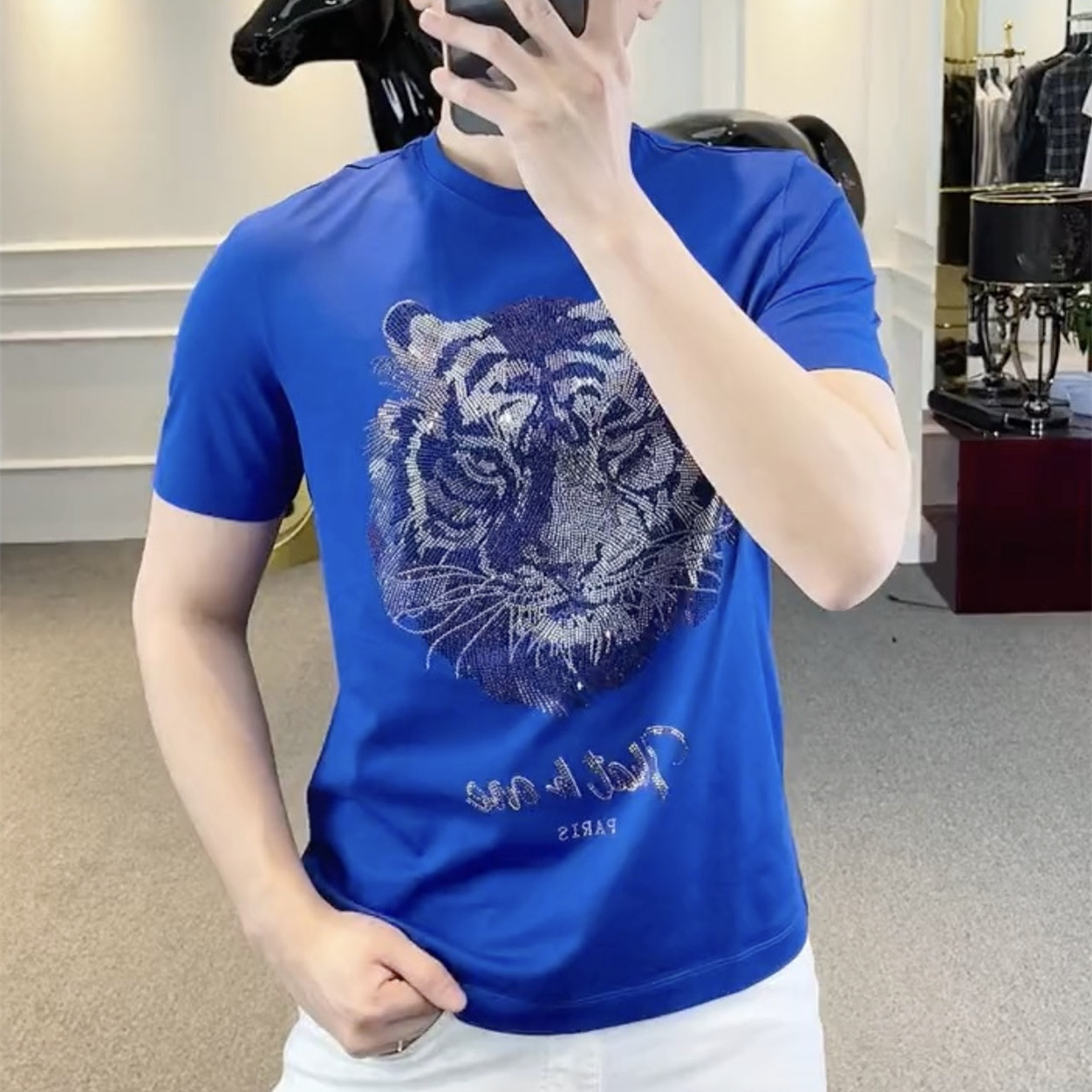 파일 응시 호랑이 머리 핫 드릴링 짧은 소매 86008 블루