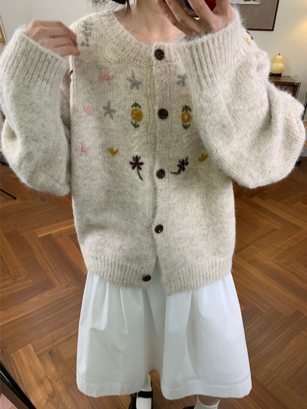 复古重工绣花含羊毛开衫毛衣女2025秋冬新款韩系宽松慵懒针织外套|undefined