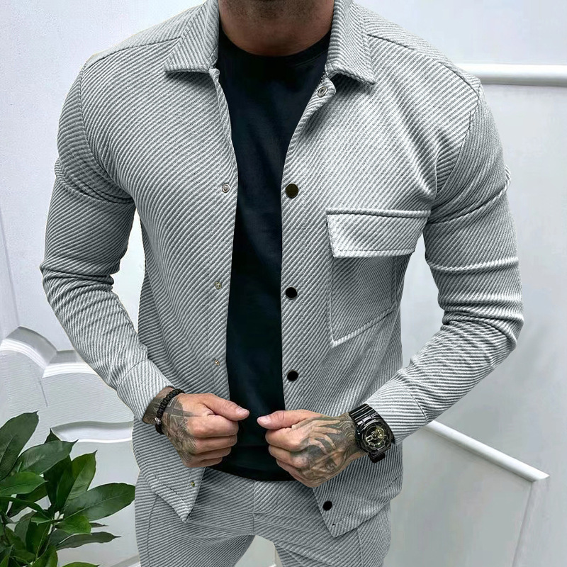 Transfronterizos otoño casuales pesados tweed cuello larga camisa de manga larga Europa y América un solo botón hombre chaqueta de color sólido chaqueta hombre