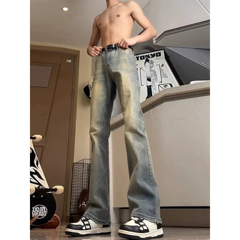 美式高街复古蓝高腰牛仔裤男款秋季vibe裤子高个子修身直筒微喇裤|undefined