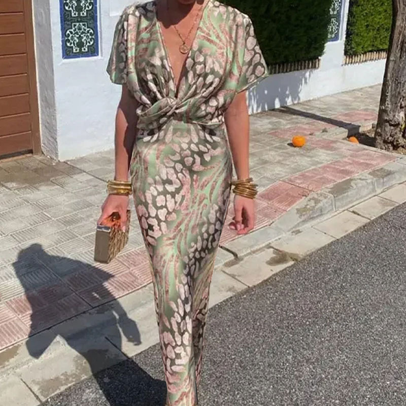 2026 Independent European and American Foreign Trade Women's Fashion Tight-Fitting Printed Twist Mid-Waist Sexy V-Neck Spring Dress