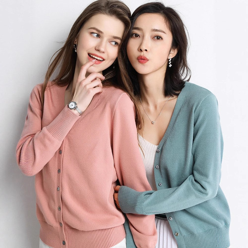 Women's Spring and Autumn Wool Cardigan Short Sleeve V-Neck Thin Loose Knit Long-Sleeve Sweater Korean Version Fashion Outerwear