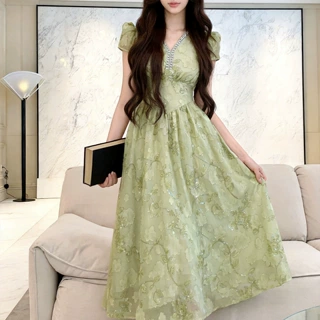 法式V领镶钻泡泡袖立体花朵亮片收腰法式茶歇长款连衣裙女12038