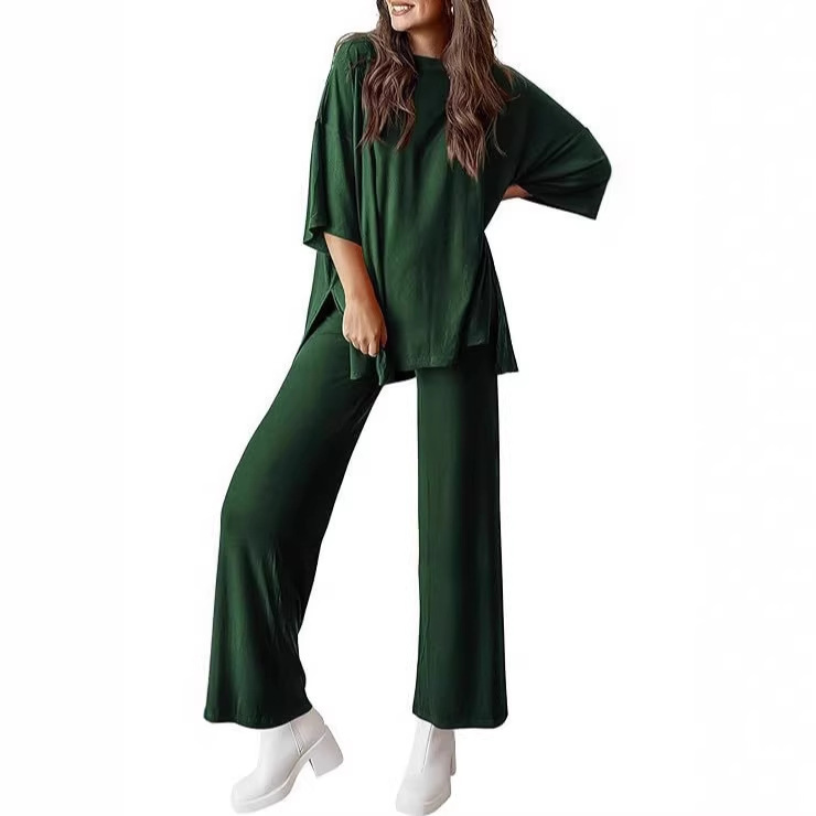 2026 Amazon Women's 2-Piece Casual Short Sleeve Pullover Top and Wide-Leg Pants Casual Set Women's Track Suit