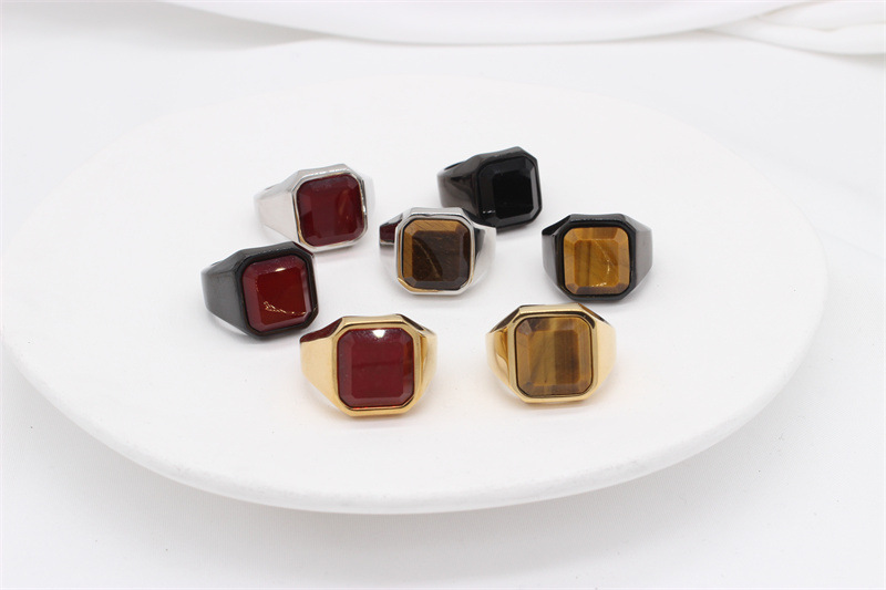 Simple Style Square Titanium Steel Inlay Artificial Gemstones Men's Rings display picture 13