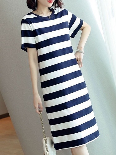 Striped Dress 2025 Summer Korean Style Loose and Slimming Medium Length Knee-Length Short Sleeve Top for Women