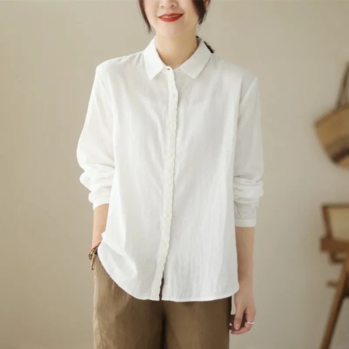 2025 Spring Design Focused Niche Cotton Linen Women's Lace Splicing Plain Color Loose Long Sleeve Cardigan